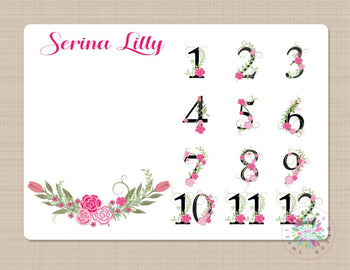Milestone Blanket Pink Floral Baby Girl  Monthly Growth Tracker Pink Flowers Monogram Blanket Newborn Baby Girl Name Baby Shower Gift  B223