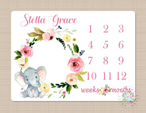 Milestone Blanket Pink Floral Girl Elephant Monthly Growth Tracker Newborn Baby Girl Name Blanket Wreath Flowers Girl Baby Shower Gift  B299