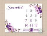 Milestone Blanket Purple Floral Baby Girl Blanket Monthly Growth Tracker Newborn Baby Girl Name Blanket Flowers Girl Baby Shower Gift B319