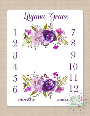 Milestone Blanket Purple Floral Wreath Baby Blanket Flowers Girl Blanket Monthly Growth Tracker Newborn Baby Girl Name Baby Shower Gift B189