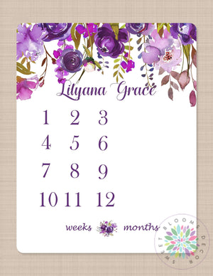 Milestone Blanket  Purple Floral Wreath Baby Blanket Purple Flowers Girl Blanket Monthly Growth Tracker Newborn Baby Girl Name Blanket B189