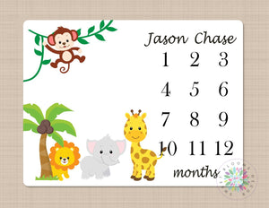 Milestone Blanket Safari Animals Baby Blanket Jungle Monthly Growth Tracker Personalized Blanket Animals Newborn Baby Shower Gift B304