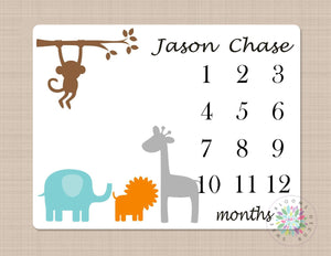 Milestone Blanket Safari Animals Baby Blanket Jungle Monthly Growth Tracker Personalized Blanket Animals Newborn Baby Shower Gift B306