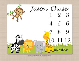 Milestone Blanket Safari Animals Baby Boy Blanket Jungle Zoo Monthly Growth Tracker Personalized Blanket Newborn Baby Shower Gift B810