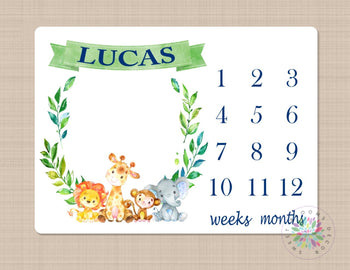 Milestone Blanket Safari Animals Boy Baby Blanket Monthly Growth Tracker Floral Monogram Blanket Animals Newborn Baby Blanket Gift B409
