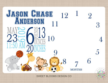 Milestone Blanket Safari Animals Sports Baby Boy Monthly Growth Tracker Photo Prop Personalized Baby Shower Gift Elephant Monkey Lion B726-Sweet Blooms Decor