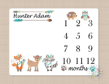 Milestone Blanket Tribal Woodland Baby Blanket Arrows  Monthly Growth Tracker Baby Blanket Fox Deer Raccoon Blanket Baby Bedding 164