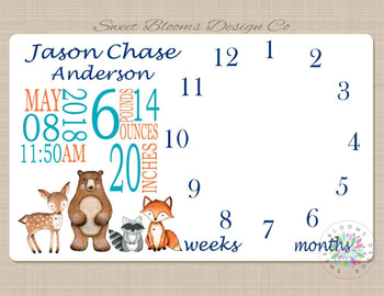 Milestone Blanket Woodland Animals Monthly Baby Blanket Birth Announcement Boy Photo Prop Birth Stats Personalized Baby Shower Gift B483-Sweet Blooms Decor