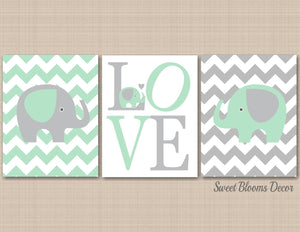 Mint Gray Elephants Nursery Wall Art Chevron Love Hearts Baby Bedroom Decor Bay Shower Gift Modern Mint Green C141-Sweet Blooms Decor
