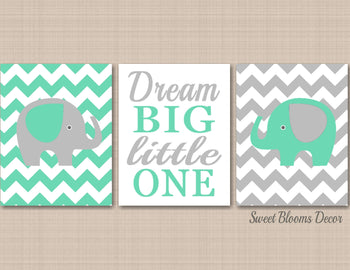 Mint Gray Elephants Nursery Wall Art Dream Big Little One Chevron Baby Boy Bedroom Dcor Baby Shower Gift Modern C559-Sweet Blooms Decor