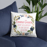 Girl Floral Birth Announcement Pillow Blush Coral Navy Flowers Watercolor Wreath Leaves Personalized Baby Shower Gift Nursery Decor  P196