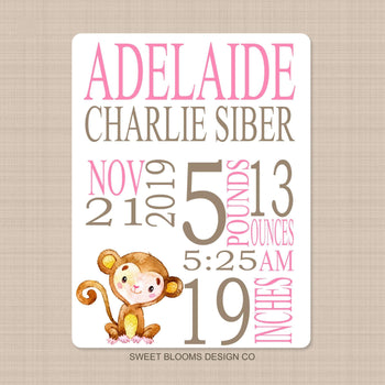 Monkey Baby Girl Name Blanket Personalized Birth Announcenent Pink Brown Birth Stats Baby Shower Gift  Nursery Bedding Decor B1000
