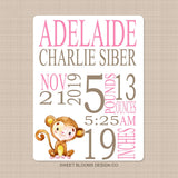 Monkey Baby Girl Name Blanket Personalized Birth Announcenent Pink Brown Birth Stats Baby Shower Gift  Nursery Bedding Decor B1000