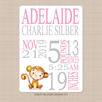 Monkey Baby Girl Name Blanket Personalized Birth Announcenent Pink Gray Birth Stats Baby Shower Gift Nursery Bedding Decor B999-Sweet Blooms Decor