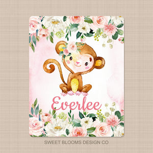 Monkey Baby Girl Name Blanket Watercolor Coral Blush Pink Floral Roses Newborn Baby Girl Name Monogram Flowers Baby Shower Gift Bedding B932