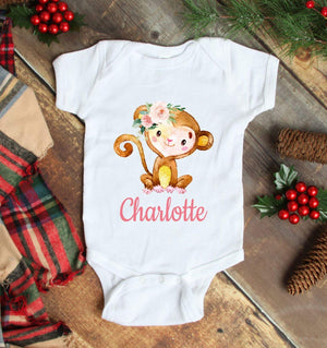 Monkey Baby Girl One Piece Bodysuit Floral Wreath Personalized Pink Coral Flowers Roses One-Piece Body Suit Baby Shower Gift T Shirt 123-BODY SUITS & T-SHIRTS-Sweet Blooms Decor
