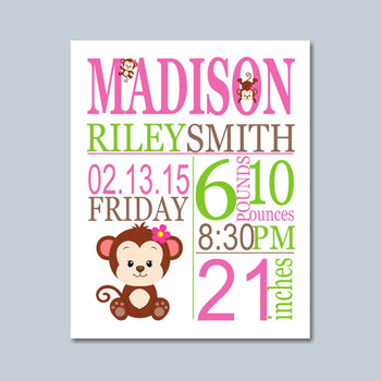 Monkey Birth Print,Monkey Birth Announcement,Monkey Baby ,Monkey Nursery Decor,Pink Monkey Baby - PRINT OR CANVAS-Sweet Blooms Decor