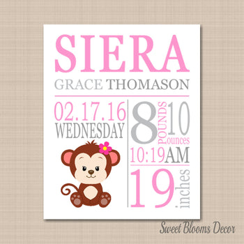Monkey Birth Print,Monkey Birth Announcement,Monkey Baby ,Monkey Nursery Decor,Pink Monkey Baby - PRINT OR CANVAS-Sweet Blooms Decor