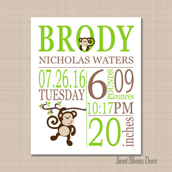 Monkey Birth Print,Monkey Birth Stats, Monkey Birth Announcement,Monkey Baby ,Monkey Nursery Decor,Monkey Baby 8X10 JPG OR PRINT-Sweet Blooms Decor