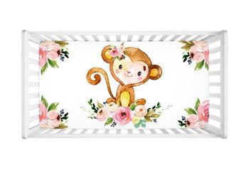 Monkey Floral Baby Girl Crib Sheet Blush Pink Flowers Nursery Bedding C117-Sweet Blooms Decor