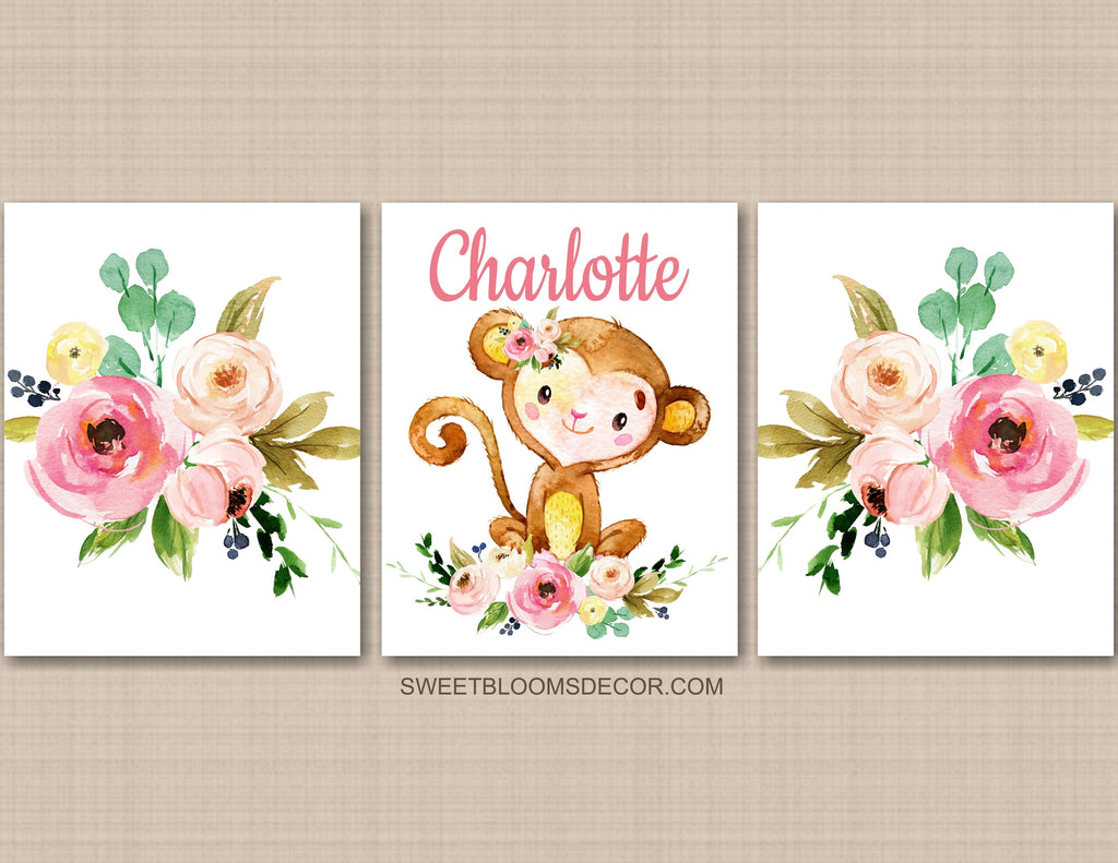 Monkey Girl Floral Nursery Wall Art Watercolor Pink Coral Mint Flowers Modern Baby Shower Gift Name Room Decor C901
