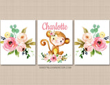 Monkey Girl Floral Nursery Wall Art Watercolor Pink Coral Mint Flowers Modern Baby SHower Gift Name Room Decor PRINTS OR CANVAS C901 