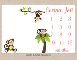 Monkey Girl Milestone Blanket Monkey Gowth Tracker Baby Blanket Monkey Monthly Blanket Monkey Baby Bedding Monkey Baby Shower Gift  B893