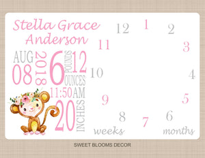 Monkey Girl Milestone Blanket Pink Gray Floral Monthly Baby Blanket Milestone Blanket Photo Prop Personalized Baby Shower Gift B1098 