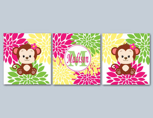 Monkey Girl Nursery Wall Art Pink Green Yellow Floral Flowers Baby Girl Bedroom Decor Name Monogram UNFRAMED-Sweet Blooms Decor