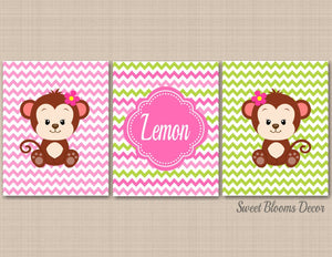 Monkey Girl Nursery Wall Art Pink Lime Green Floral Chevron Flowers Name Monogram Baby Girl Bedroom Decor Twins C390-Sweet Blooms Decor