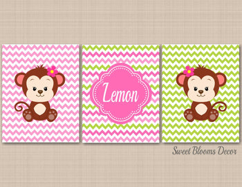 Monkey Girl Nursery Wall Art Pink Lime Green Floral Chevron Flowers Name Monogram Baby Girl Bedroom Decor Twins C390-Sweet Blooms Decor