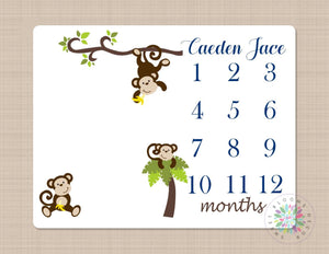 Monkey Milestone Blanket Monkey Gowth Tracker Baby Blanket Monkey Monthly Blanket Monkey Baby Bedding Monkey Baby Shower Gift  B117