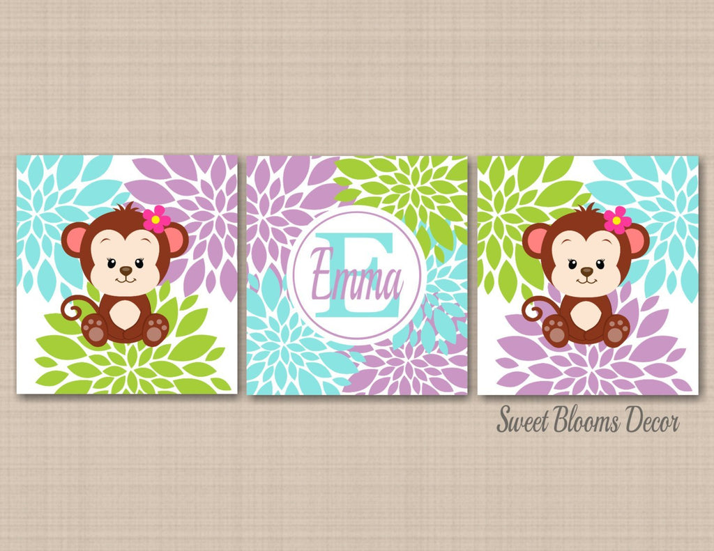 Monkeys Girl Nursery Wall Art Baby Girl Floral Flowers Bedroom Decor Pink Purple Teal Green Name Monogram UNFRAMED C197-Sweet Blooms Decor