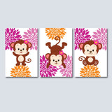 Monkeys Girl Nursery Wall Art Floral Orange Pink Flowers Girl Bedroom Decor Bathroom Decor Baby Shower Gift UNFRAMED C196-Sweet Blooms Decor