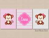 Monkeys Girl Nursery Wall Art Pink Gray Chevron Baby Girl Bedroom Decor Name Monogram Sisters Twins Flowers Floral PRINTS or CANVA SC414-Sweet Blooms Decor