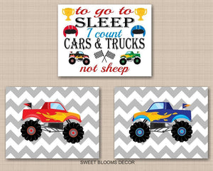 Monster Trucks Kids Room Wall Art Bedroom Decor Playroom Cars Baby Gift Transportation To Go to Sleep I count Red Blue C814-Sweet Blooms Decor