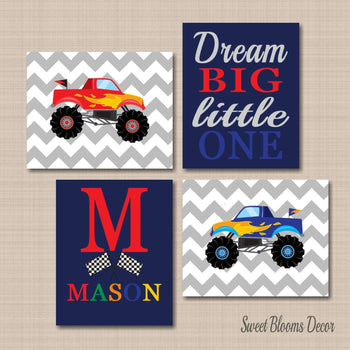 Monster Trucks Kids Wall Art Transportation Boy Bedroom Decor Chevron Name Monogram Red Blue Dream Big Little One C392-Sweet Blooms Decor
