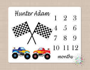 Monster Trucks Milestone Blanket Monthly Personalized Months Baby Boy Monthly Growth Tracker Baby Shower Gift Bedroom Bedding Decor B244