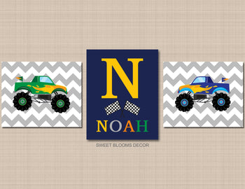 Monster Trucks Wall Art Trucks Kids Room Decor Green Navy Blue Gray Monster Trucks Boy Room Decor C392