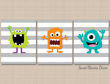 Monsters Nursery Decor Wall Art Green Orange Teal Gray Stripes Little Monsters Kids Bedroom Bathroom Decor C433-Sweet Blooms Decor