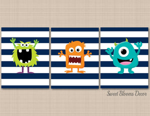 Monsters Nursery Wall Art Kids Bedroom Decor Wall Art BAthroom Wall Art Little Monsters Navy Blue Orange Green Teal C433-Sweet Blooms Decor
