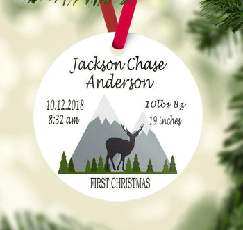 Mountain Deer Christmas Ornament Personalized Baby Boy 1st First Christmas Birth Announcement Baby Shower Gift New Baby Holiday Ornament 135