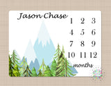 Mountains Milestone Blanket Forest Pine Trees Monthly Growth Tracker Baby Forest Trees Woodland Blanket Baby Shower Gift Monogram B524