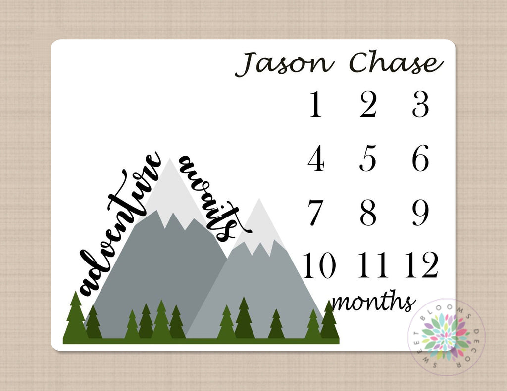 Mountains Milestone Blanket Monthly Growth Tracker Baby Boy Blanket Forest Trees Woodland Adventure Awaits Bedding Baby Shower Gift  B308
