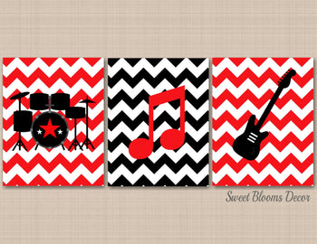 Music Kids Bedroom Wall Art Music Nursery Wall Art Decor Drums Guitar Notes Red Black UNFRAMED C394-Sweet Blooms Decor