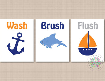 Nautical Bathroom Wall Art Shark Bathroom Wall Art Shark Kids Bathroom Shark Wall Art Wash Brush Flush Boat Anchor PRINTS or CANVAS B175-Sweet Blooms Decor