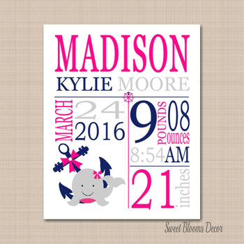 Nautical Birth Print Nautical Girl Birth Announcement Navy Blue Pink Girl Anchor Whale Nursery Baby PRINT OR CANVAS-Sweet Blooms Decor