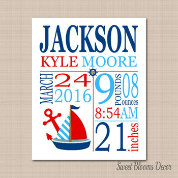Nautical Birth Print,Nautical Birth Announcement,Nautical Baby ,Nautical Nursery Decor,Nautical Baby Shower -PRINT OR CANVAS-Sweet Blooms Decor