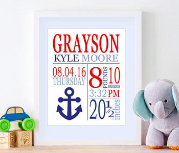 Nautical Birth Print,Nautical Birth Announcement,Nautical Baby ,Navy Red Nautical Anchor Nursery Decor- PRINT OR CANVAS-Sweet Blooms Decor