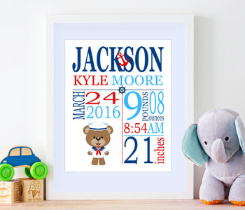 Nautical Birth Print,Nautical Birth Announcement,Nautical Nursery Decor,Nautical Baby Shower ,Bear Nursery Decor-PRINT OR CANVAS-Sweet Blooms Decor